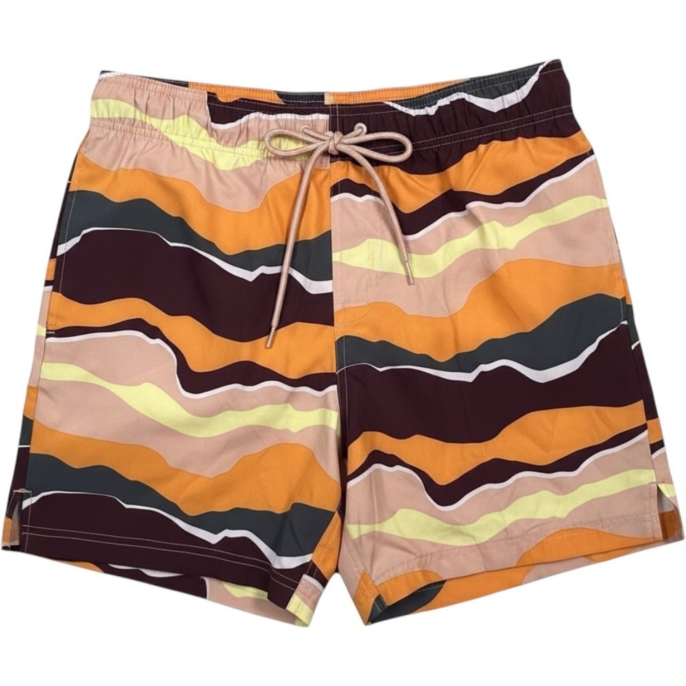 Mens Retro Wavy Stripe Swim Trunks M 32-34 70s Surf Short Lined George